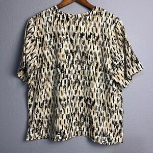 Jordan Abstract Artsy Print Top Blouse Short Sleeve Beige Black Womens Size L